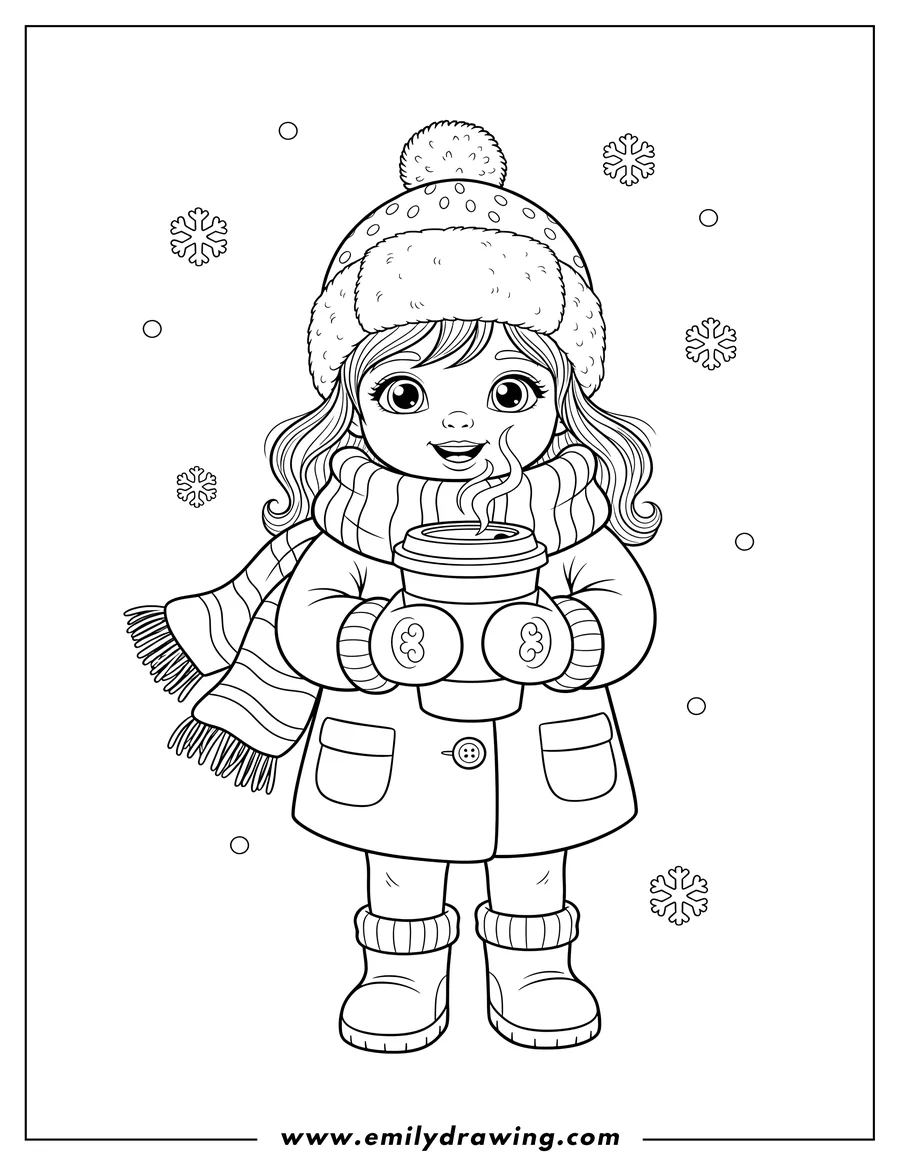 Vector style outline of little Girl Wearing Winter Hat and Scarf Holding To-Go Cup Hot Cocoa