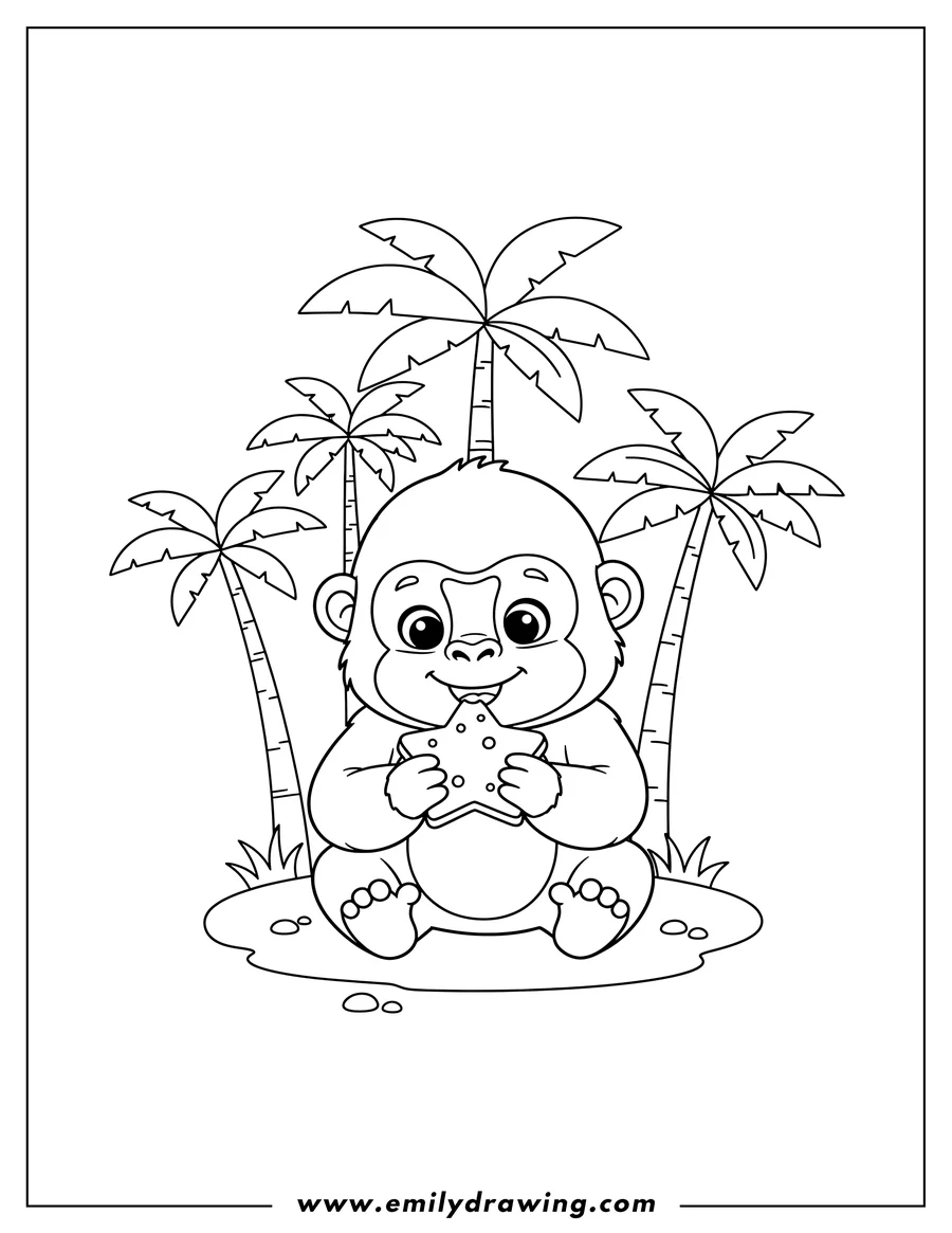 Printable line art of little Gorilla Sitting, Holding a Star-Shaped Snack Under Tropical Trees