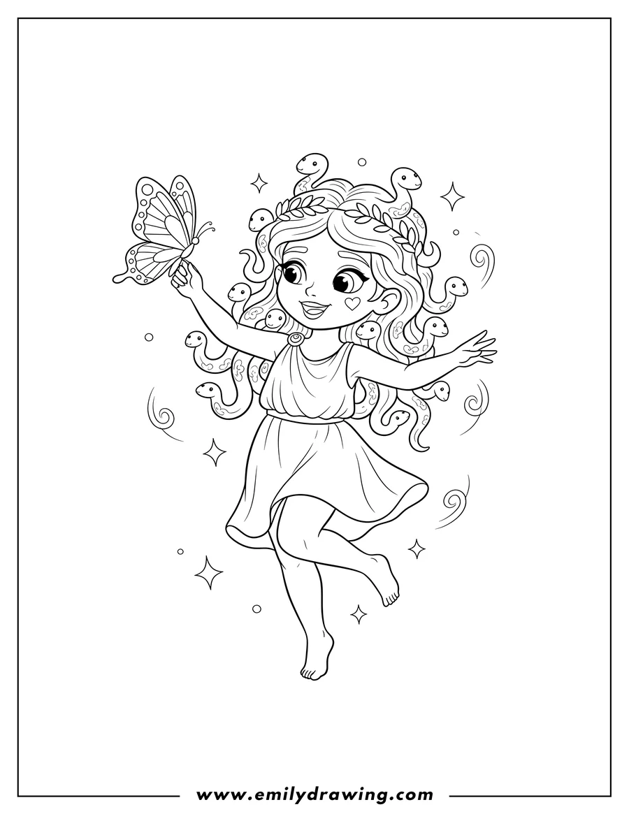 Printable coloring page of adorable Little Medusa dancing while holding a butterfly and smiling