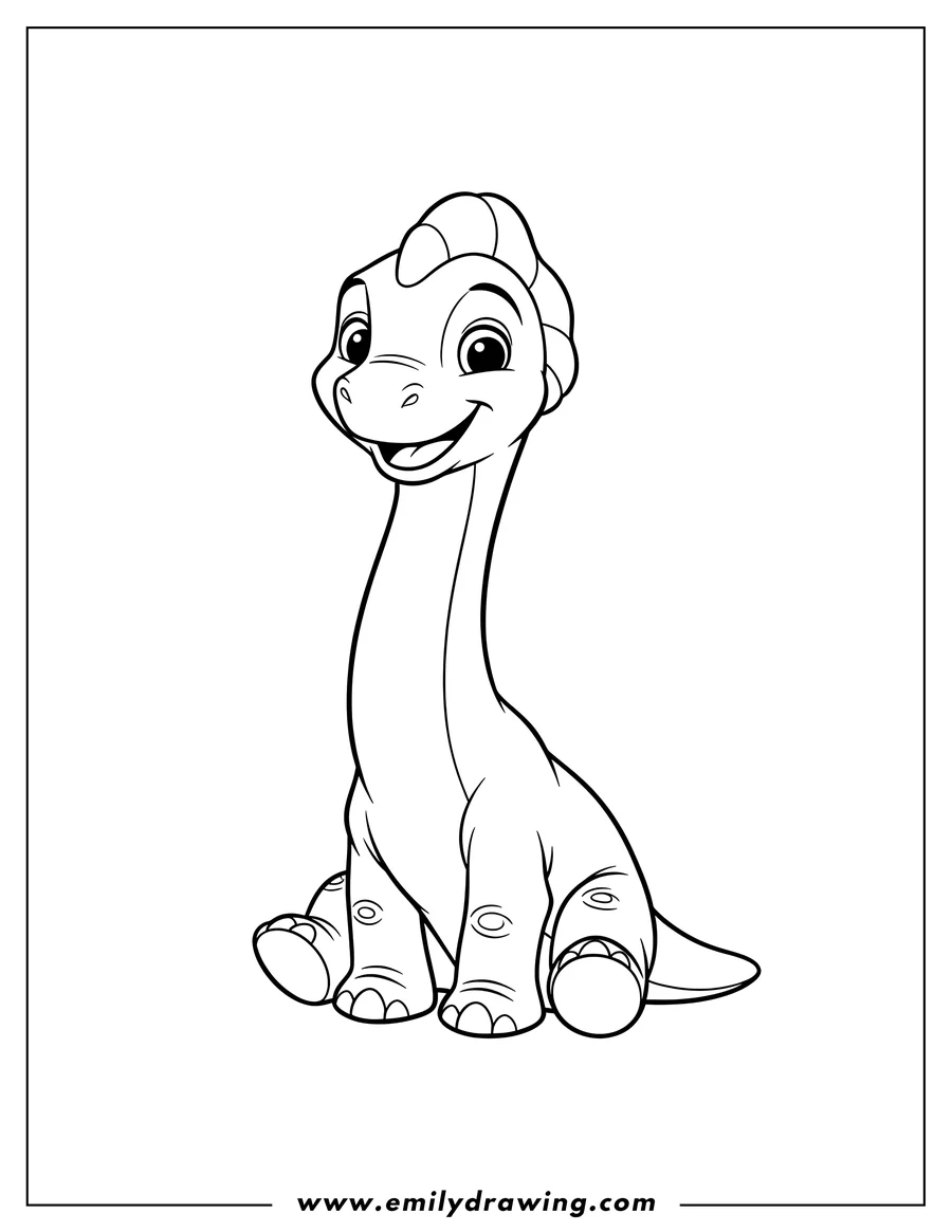 Free printable coloring sheet of simple Littlefoot smiling and sitting
