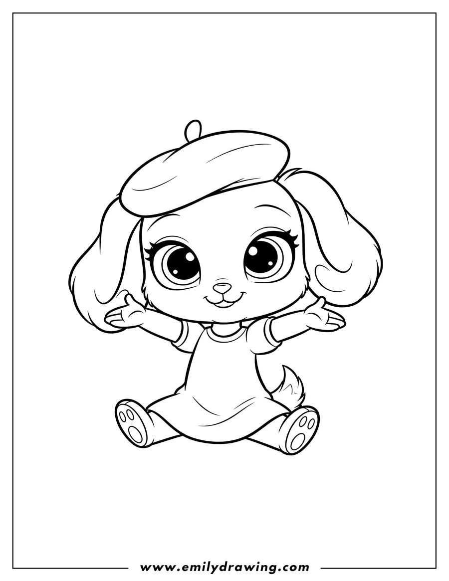 Coloring sheet featuring littlest Pet Shop Zoe Trent sitting, wearing a beret, with arms outstretched