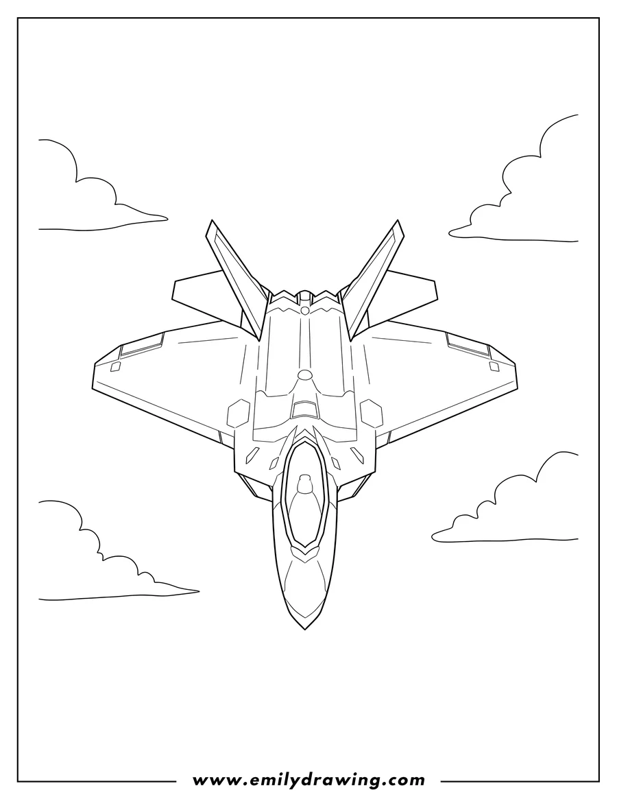 Linear illustration of lockheed Martin F-22 Raptor jet flying overhead in the sky