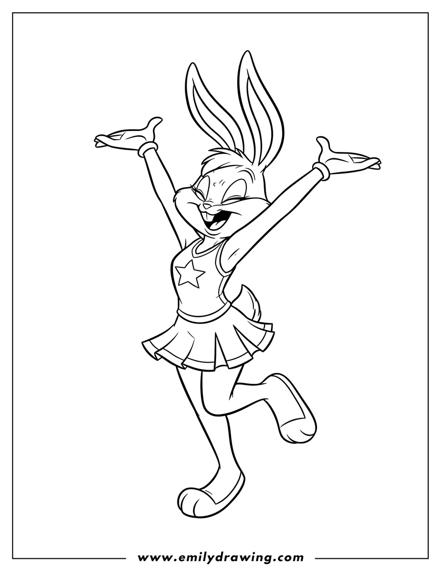 Coloring page for kids: lola Bunny from Looney Tunes dancing happily with arms raised
