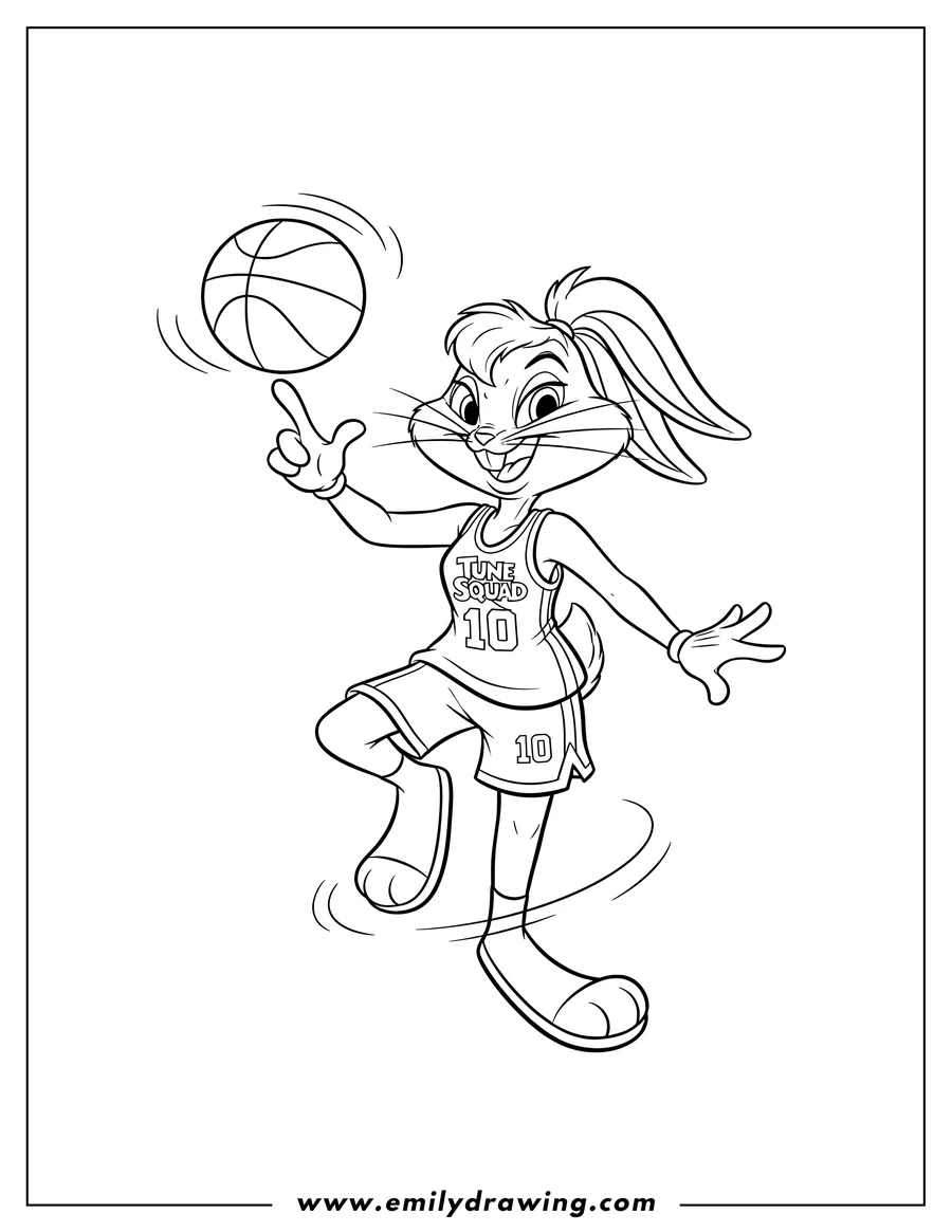Vector style outline of simple Lola Bunny, grinning in her jersey and shorts, twirling a basketball on her finger