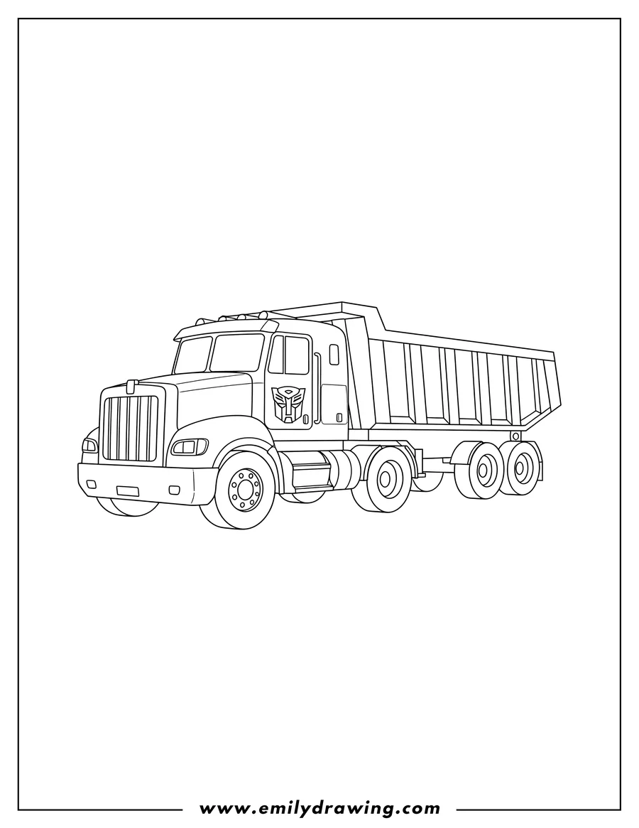 Printable line art of simple Long Haul dump truck outline for preschoolers, with an Autobot emblem