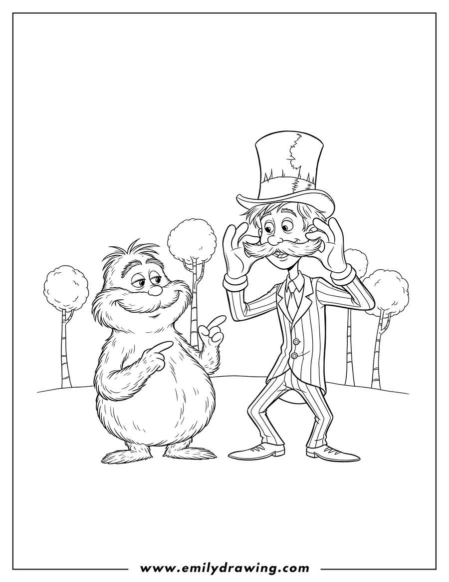 High quality printable lorax and Once-ler being mischievous, with Once-ler mimicking the Lorax's mustache with his gloved hands for coloring