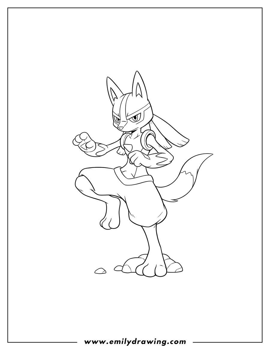 Full page coloring image of lucario in a martial arts pose, balancing on one leg with an outstretched arm