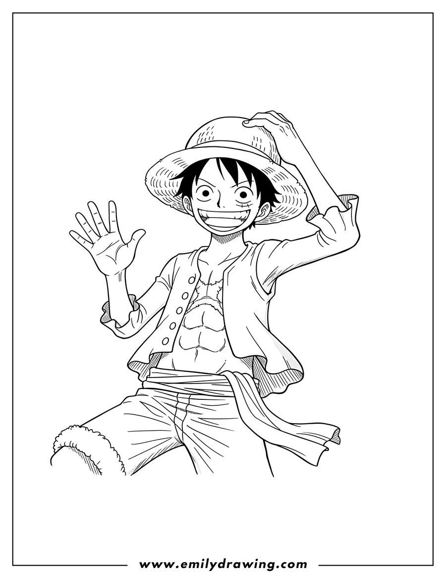 Black and white line art of luffy From One Piece Anime, smiling and wearing his straw hat