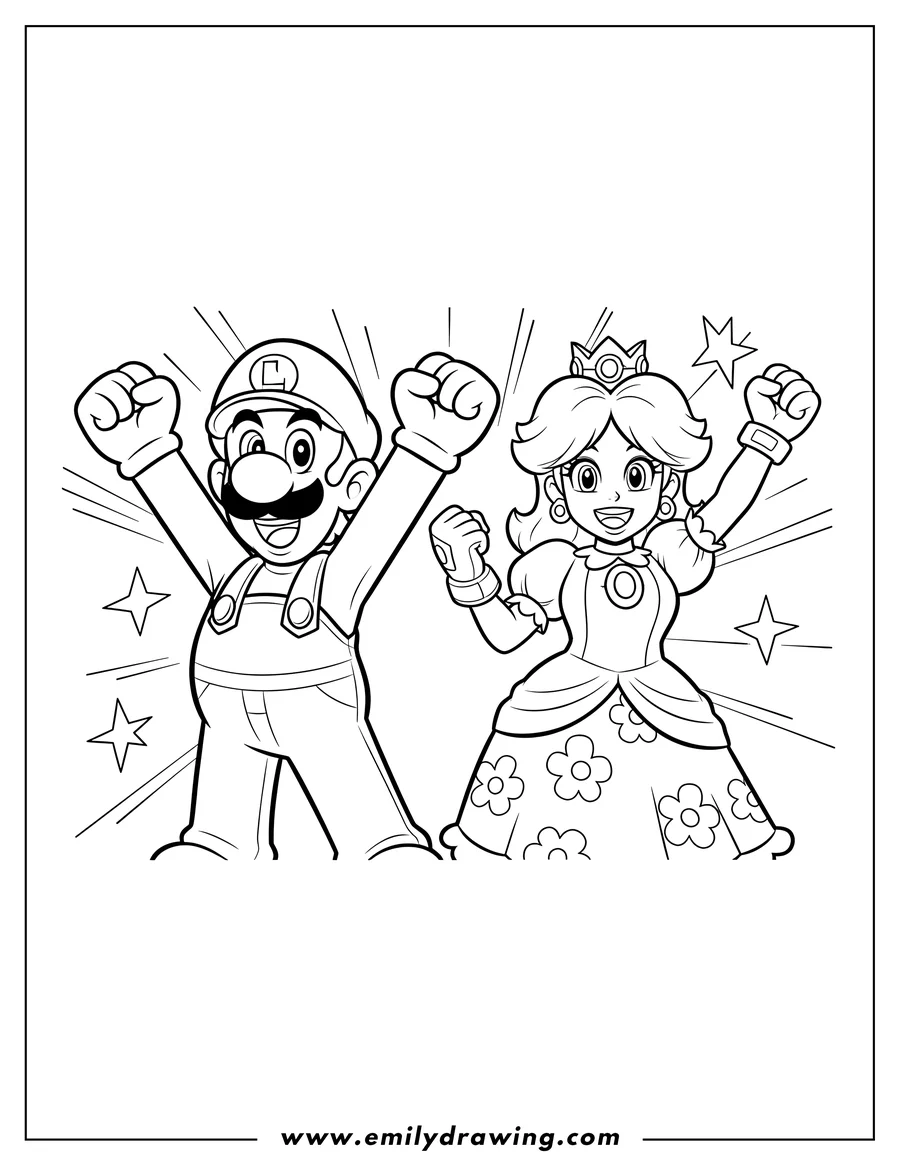 Free to print drawing of luigi and Princess Daisy cheering with raised fists to color