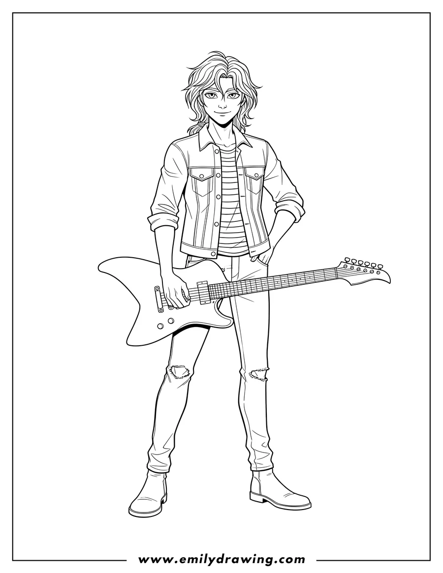 Simple sketch of luka Couffaine standing and holding his electric guitar, with his other hand on his hip to color