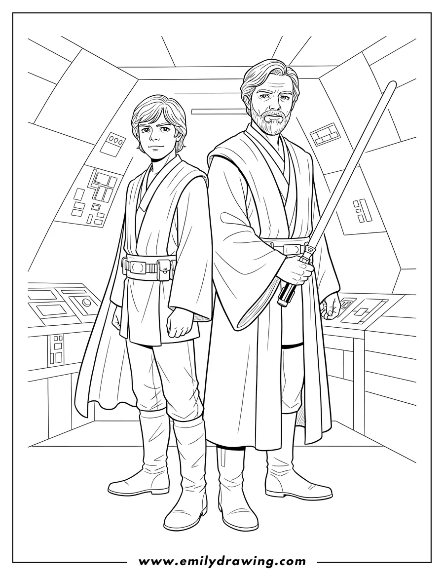Vector style outline of luke Skywalker And Obi Wan Kenobi Back To Back in Jedi robes, Obi-Wan holding a lightsaber