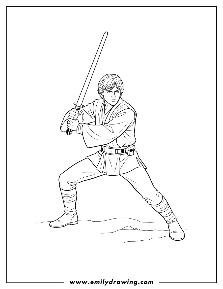 Free printable coloring sheet of luke Skywalker in a fighting stance, holding lightsaber