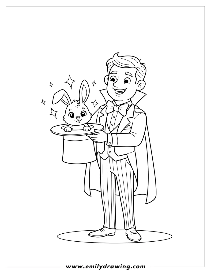 Printable coloring page of magician presenting a top hat with a rabbit peeking out
