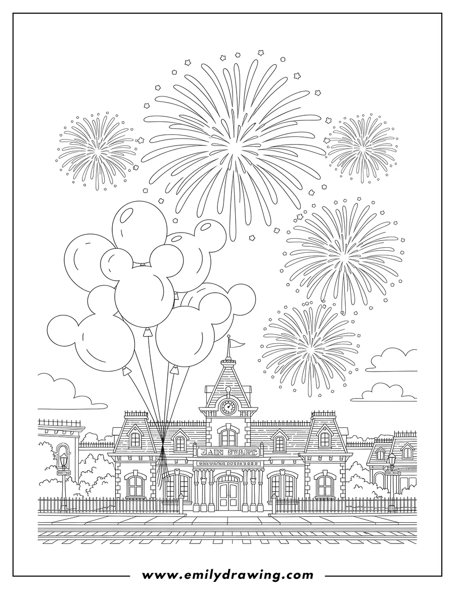 Simple sketch of disneyland Railroad Main Street Station with Mickey balloons and fireworks to color