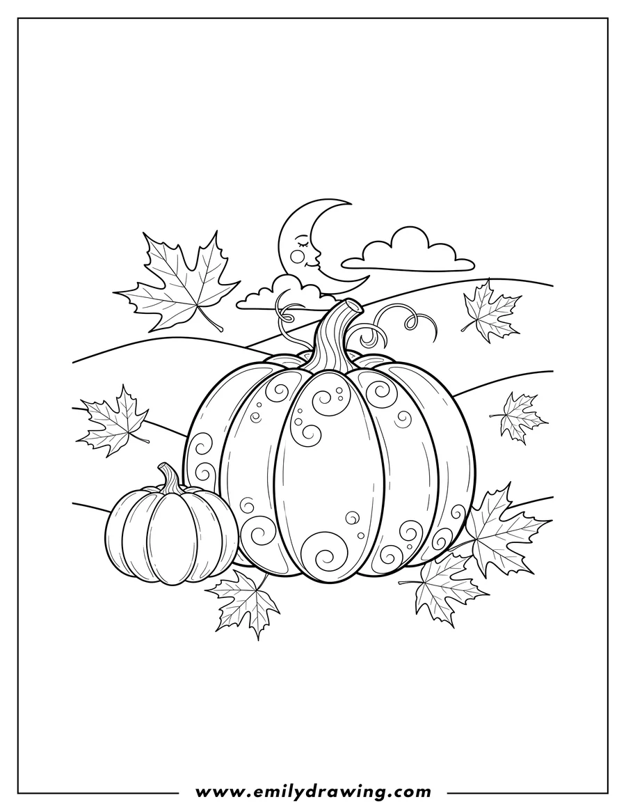 Printable coloring page of A majestic autumn pumpkin and a small pumpkin with falling maple leaves and a moon over rolling hills