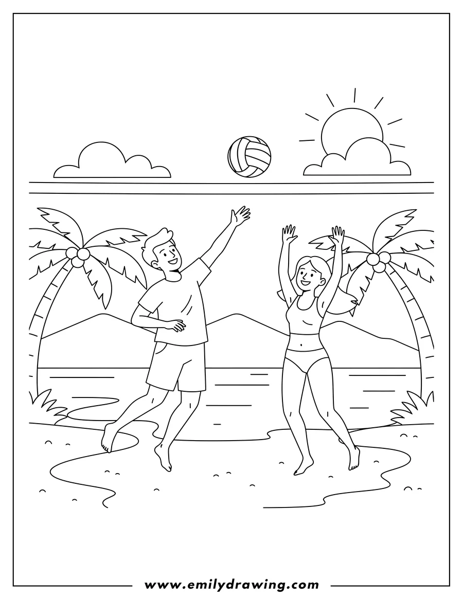 Free printable coloring sheet of simple Man And Woman playing volleyball at Beach, with the man hitting the ball and the woman with arms raised