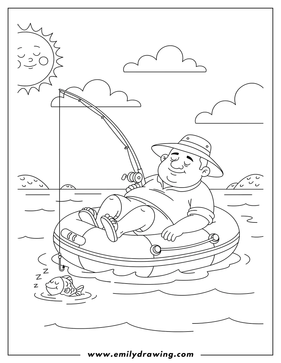 Free to print drawing of A man wearing a hat sleeping in an inflatable boat while fishing in the sea