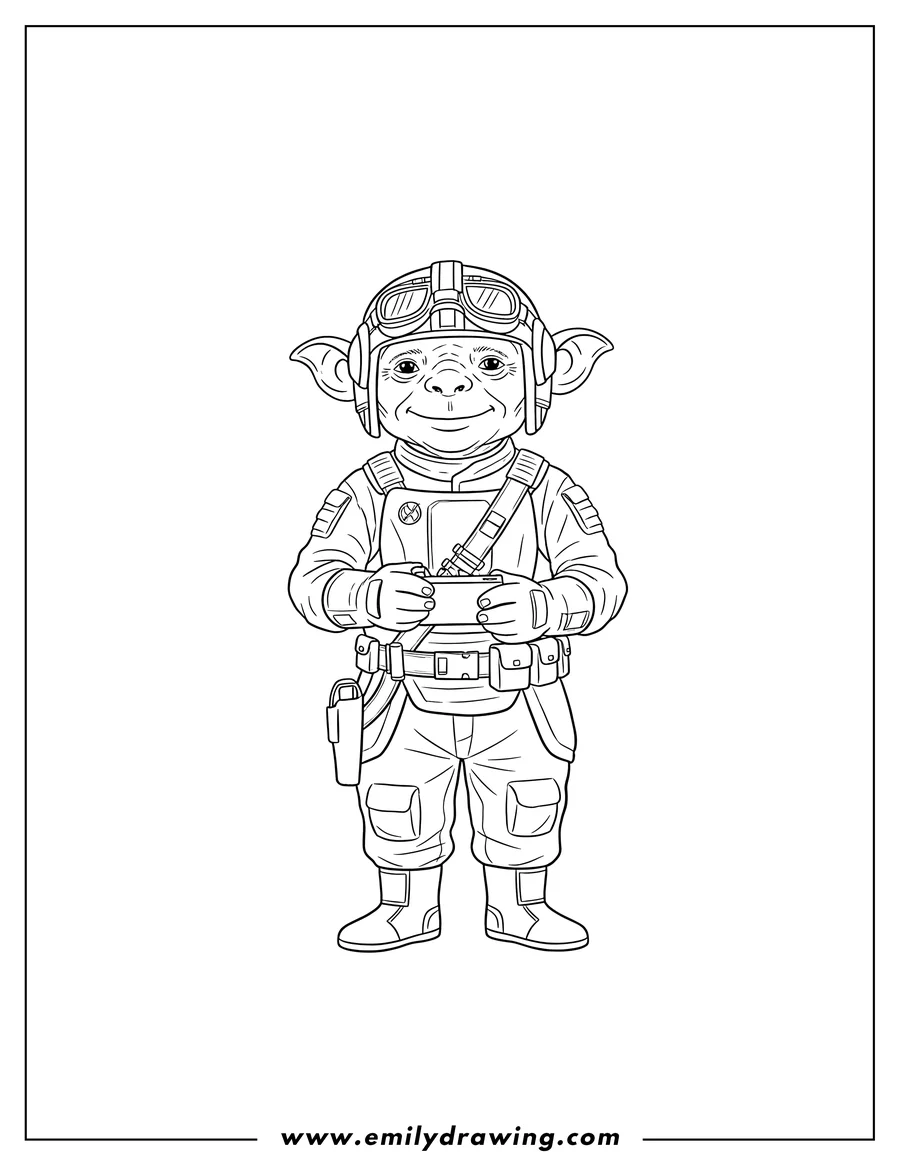 Coloring page of simple Mandalorian Kuiil in pilot gear, standing
