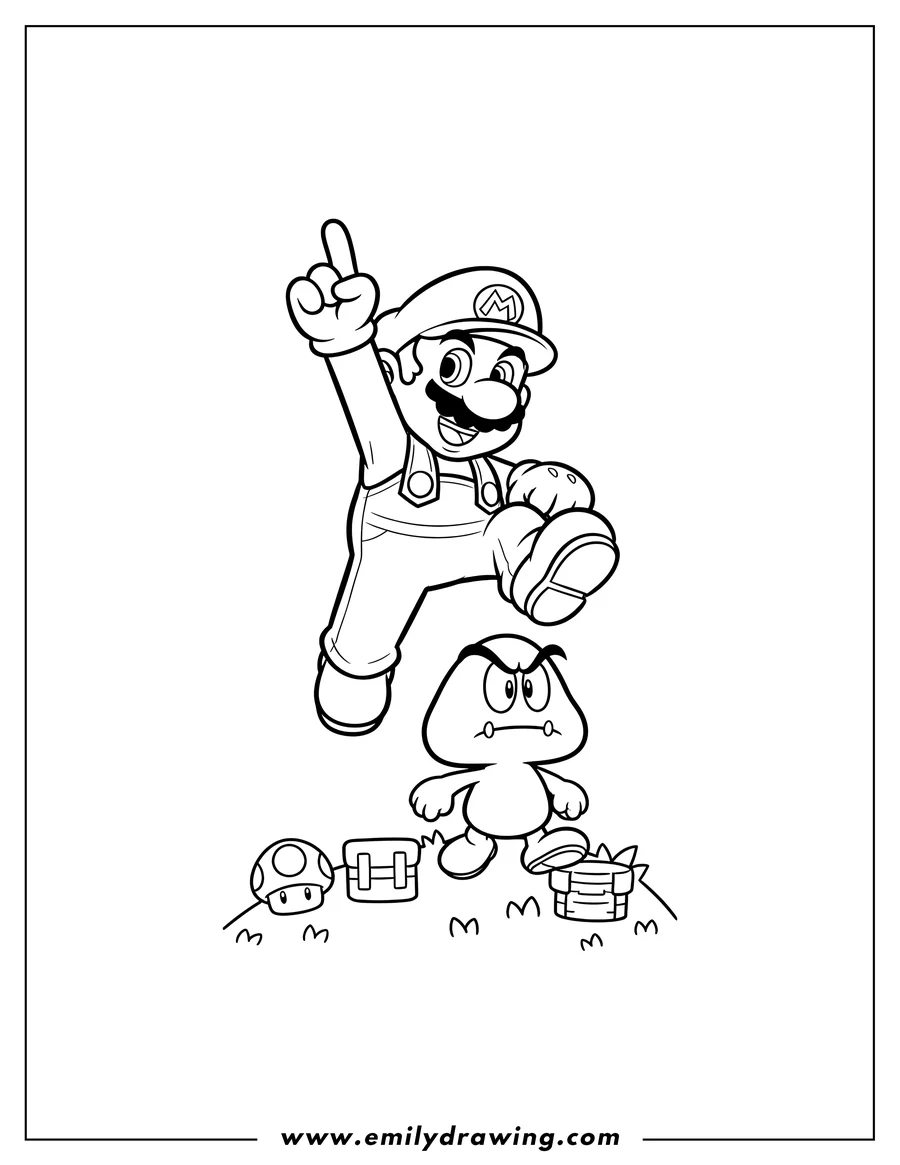 Printable line art of mario jumping with his arm raised over a Goomba