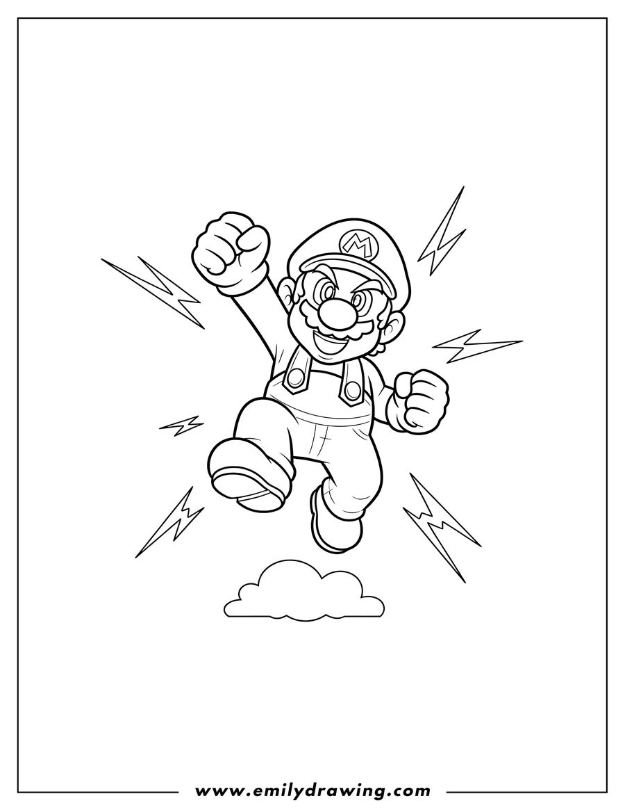 Outline drawing of mario Super Smash Bros, jumping with a raised fist and a determined expression