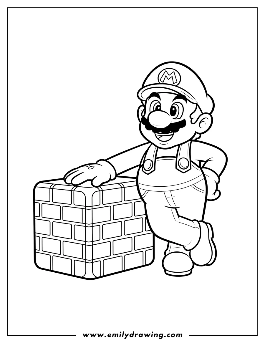 Printable coloring page of easy Mario Scaled leaning on a brick block and smiling
