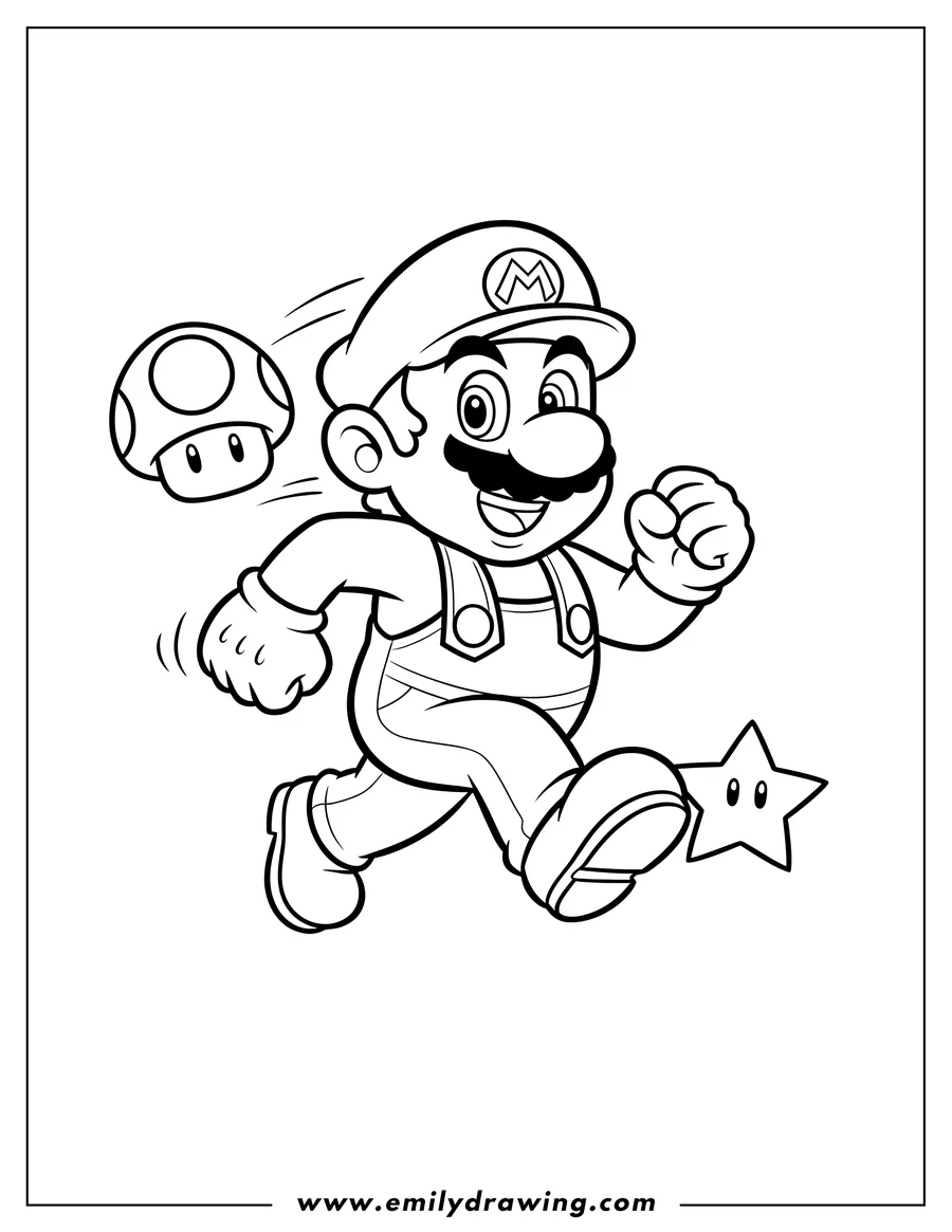 Full page coloring image of super Mario Movie Cover Image, Mario running and smiling in his iconic cap