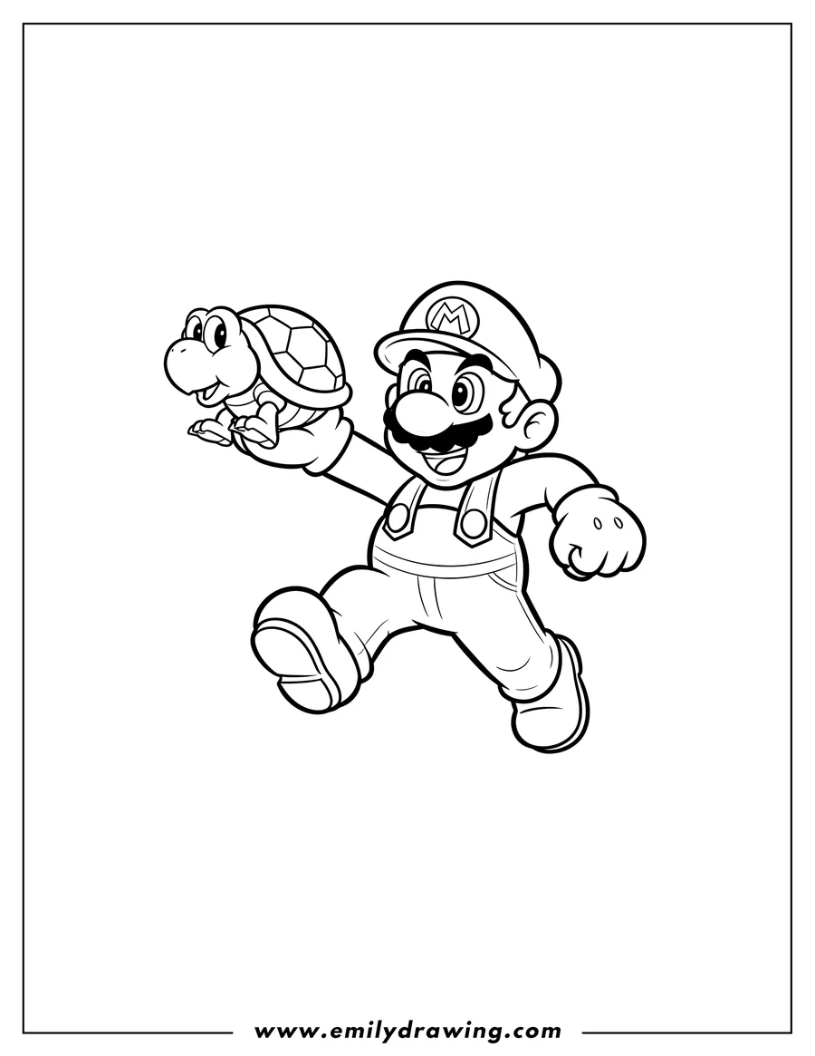 Clean line drawing: mario running while holding a Koopa Troopa