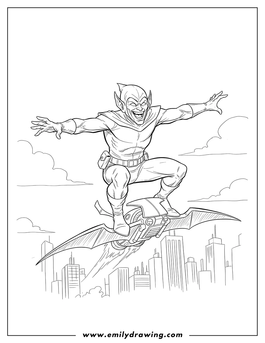 PDF style coloring page: marvel Comics Green Goblin flying on his glider and laughing