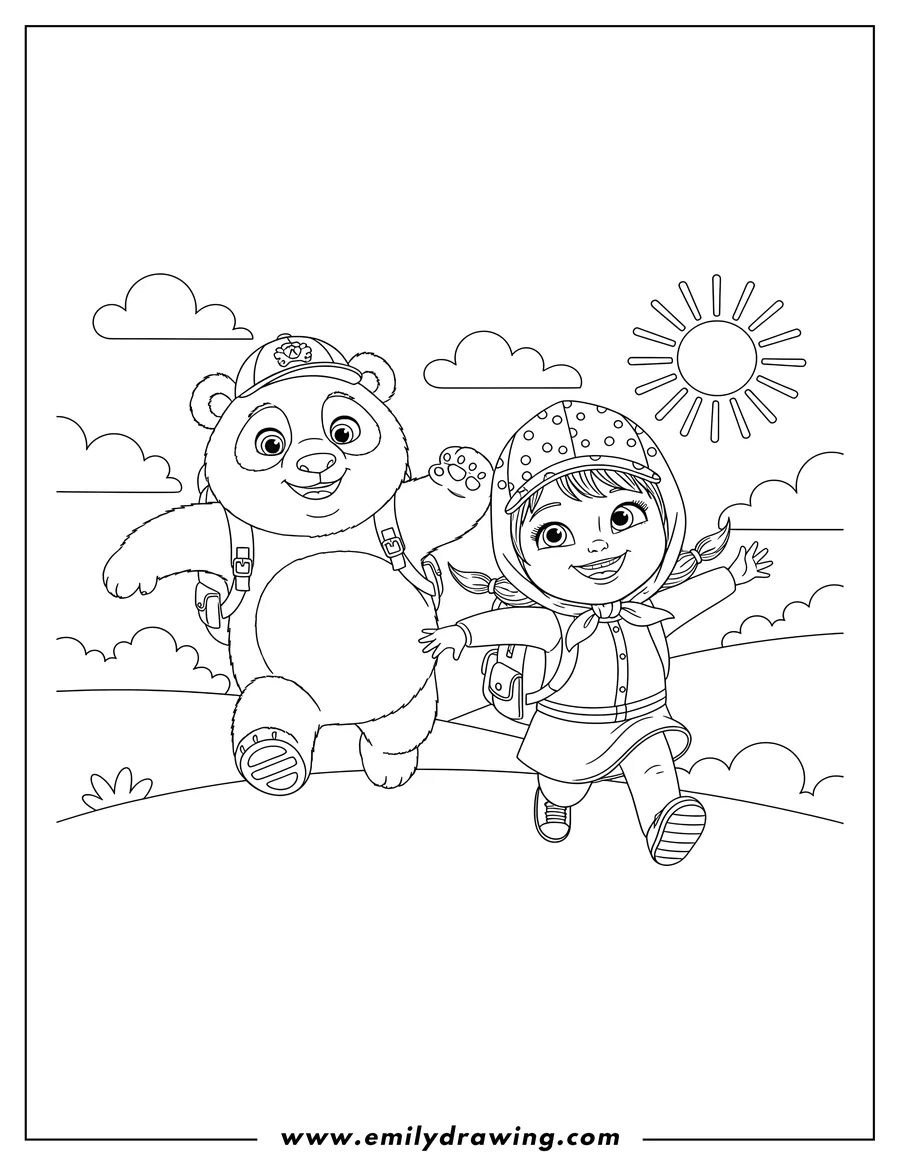 Coloring page of masha and Panda, smiling, running, and wearing caps and backpacks