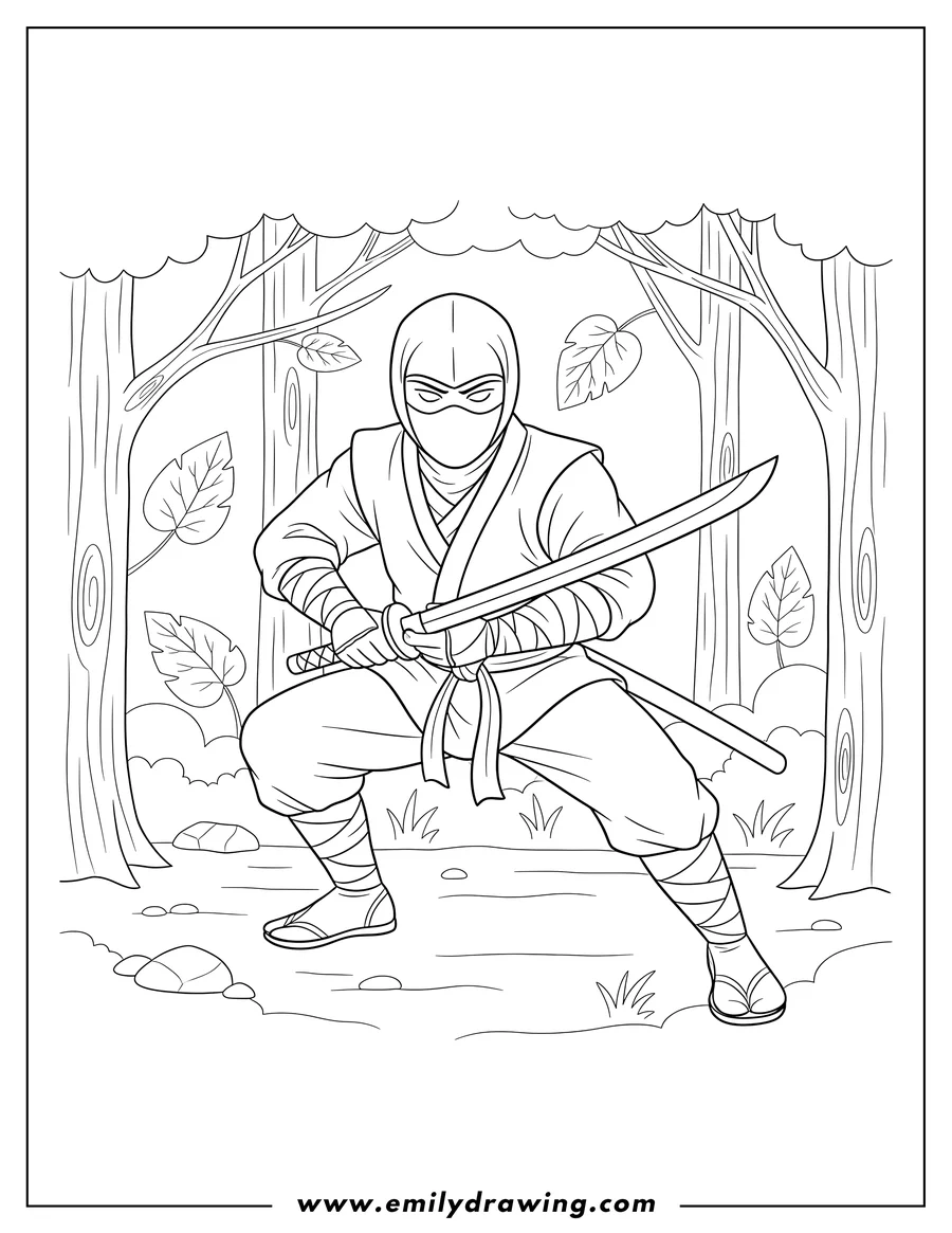 Doodle style coloring picture of masked Ninja in a crouching fighting stance, holding a katana sword, in a forest