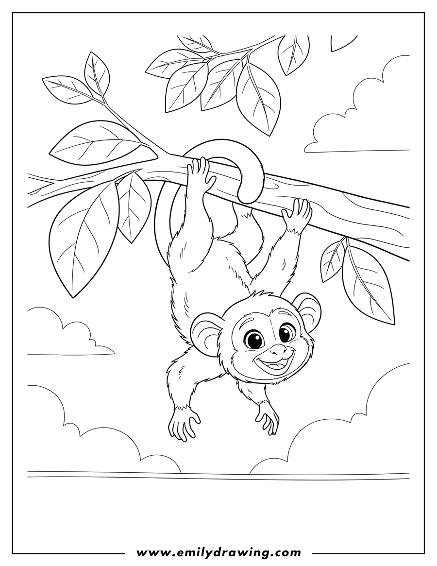 Black and white line art of mauro Marmoset hanging upside down from a branch by its tail