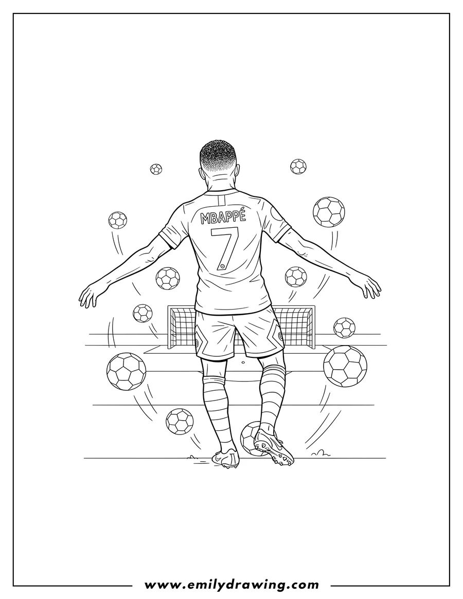 Printable line art of kylian Mbappe's back showcasing jersey, wearing soccer uniform, surrounded by soccer balls