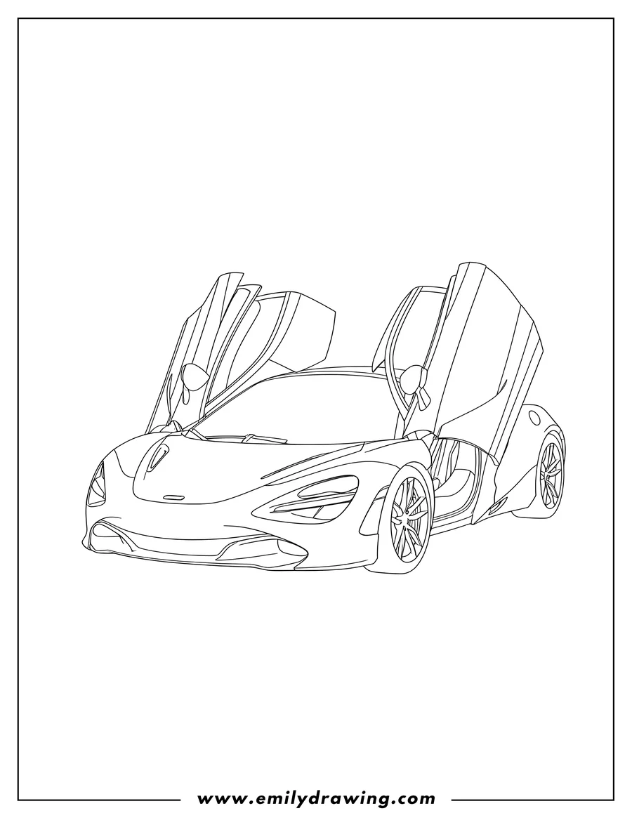 Downloadable coloring page of simple Mclaren 720S with open swing-up doors, front-side view