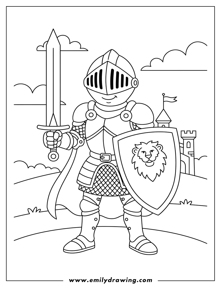Free printable coloring sheet of medieval Knight in full armor holding a sword and shield