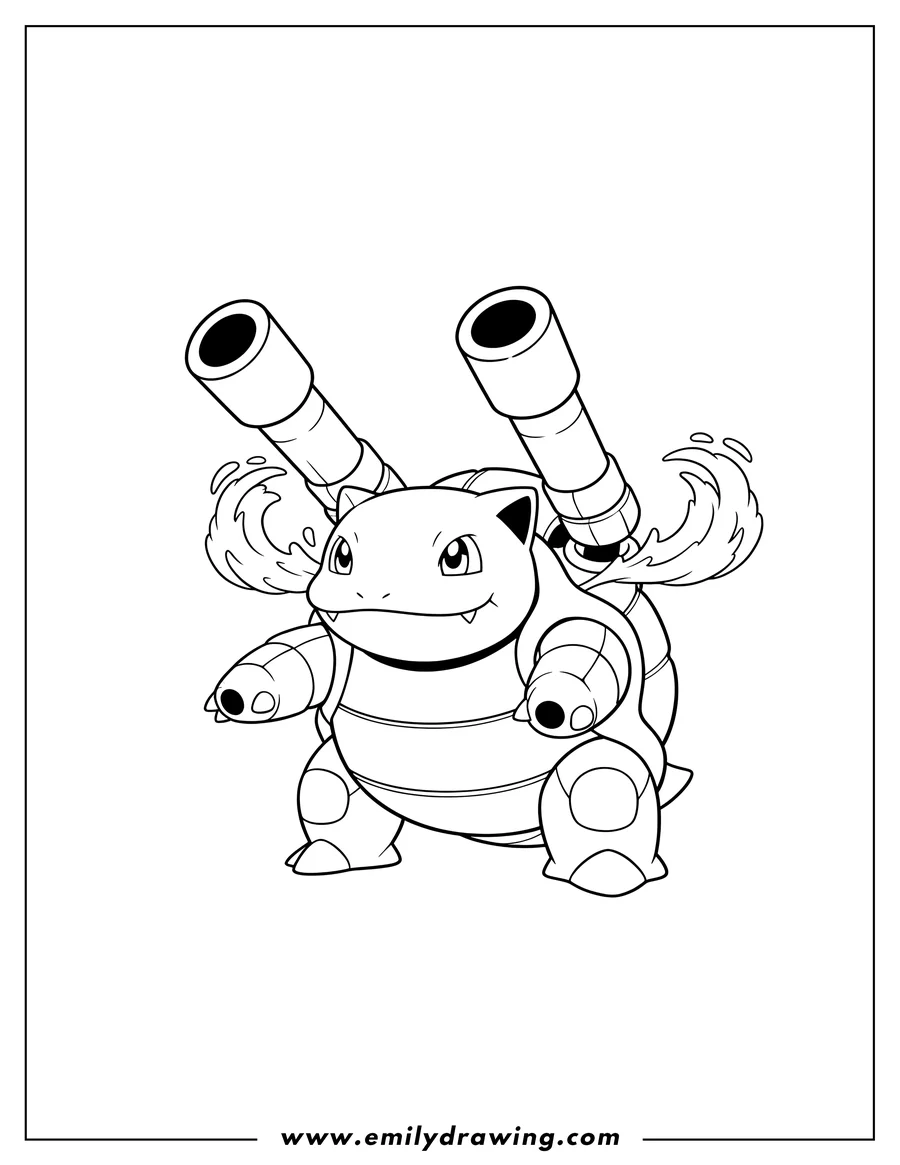 Coloring page for kids: simple Mega Blastoise standing with cannons
