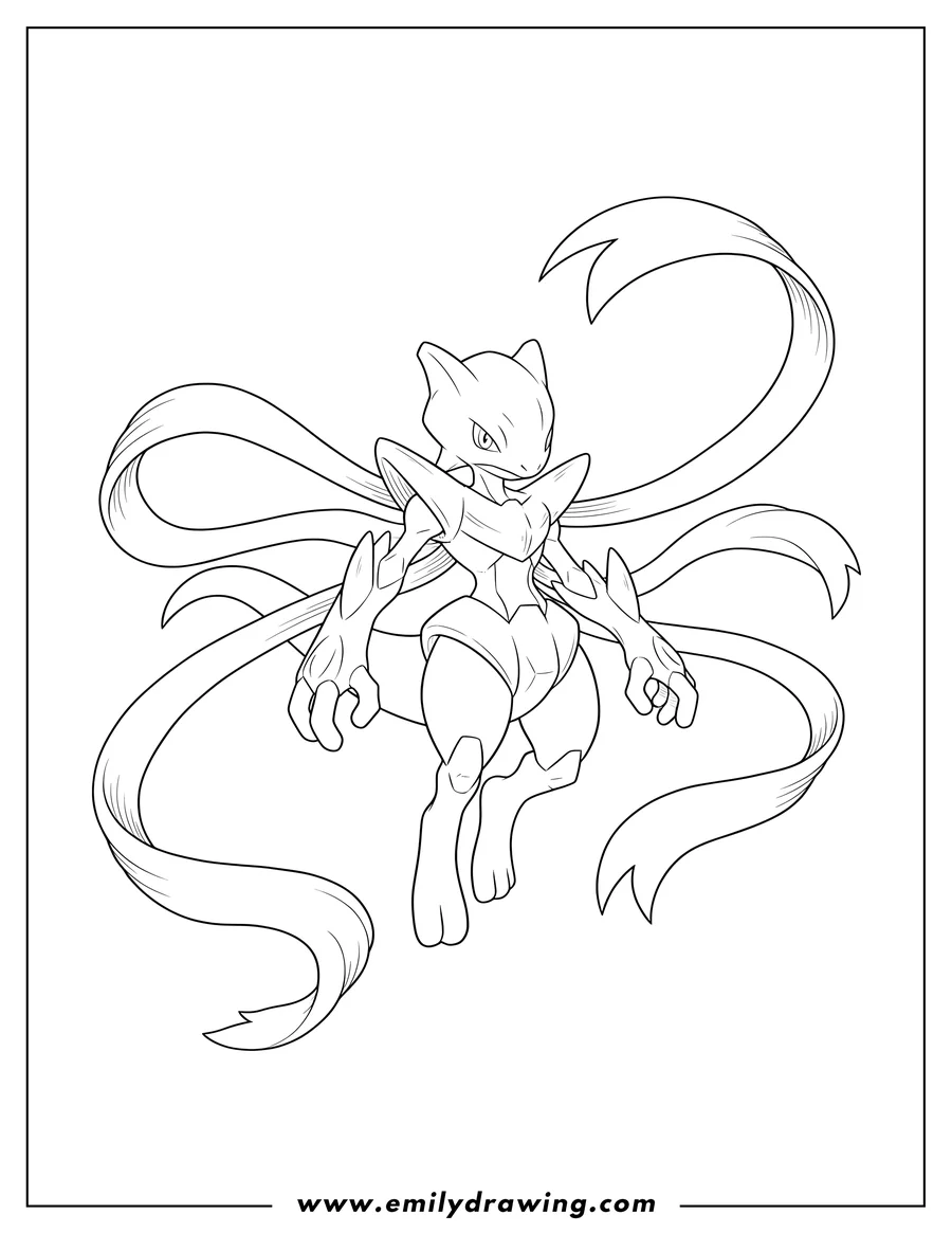 Black and white line art of simple Mega Mew Outline floating with flowing ribbons