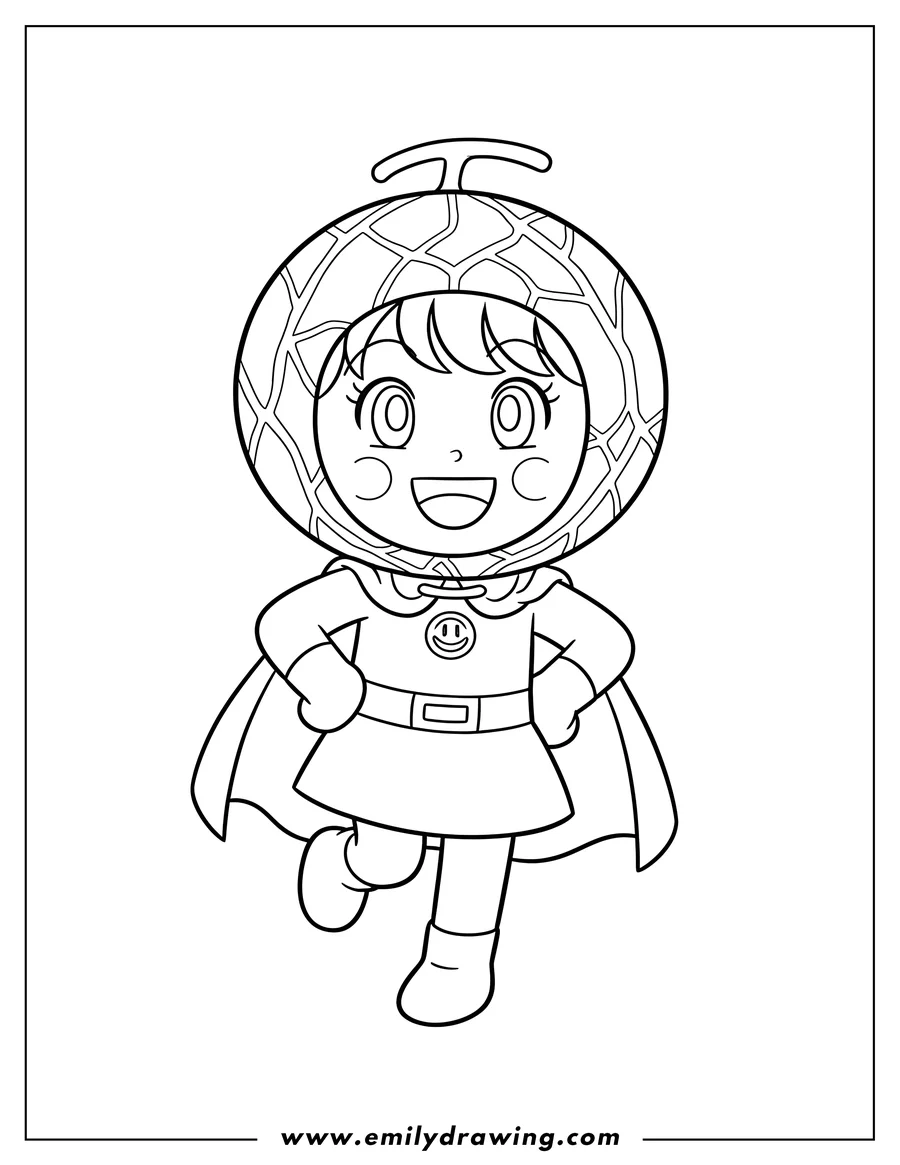 Free to print drawing of melonpanna smiling cheerfully and posing in her cape
