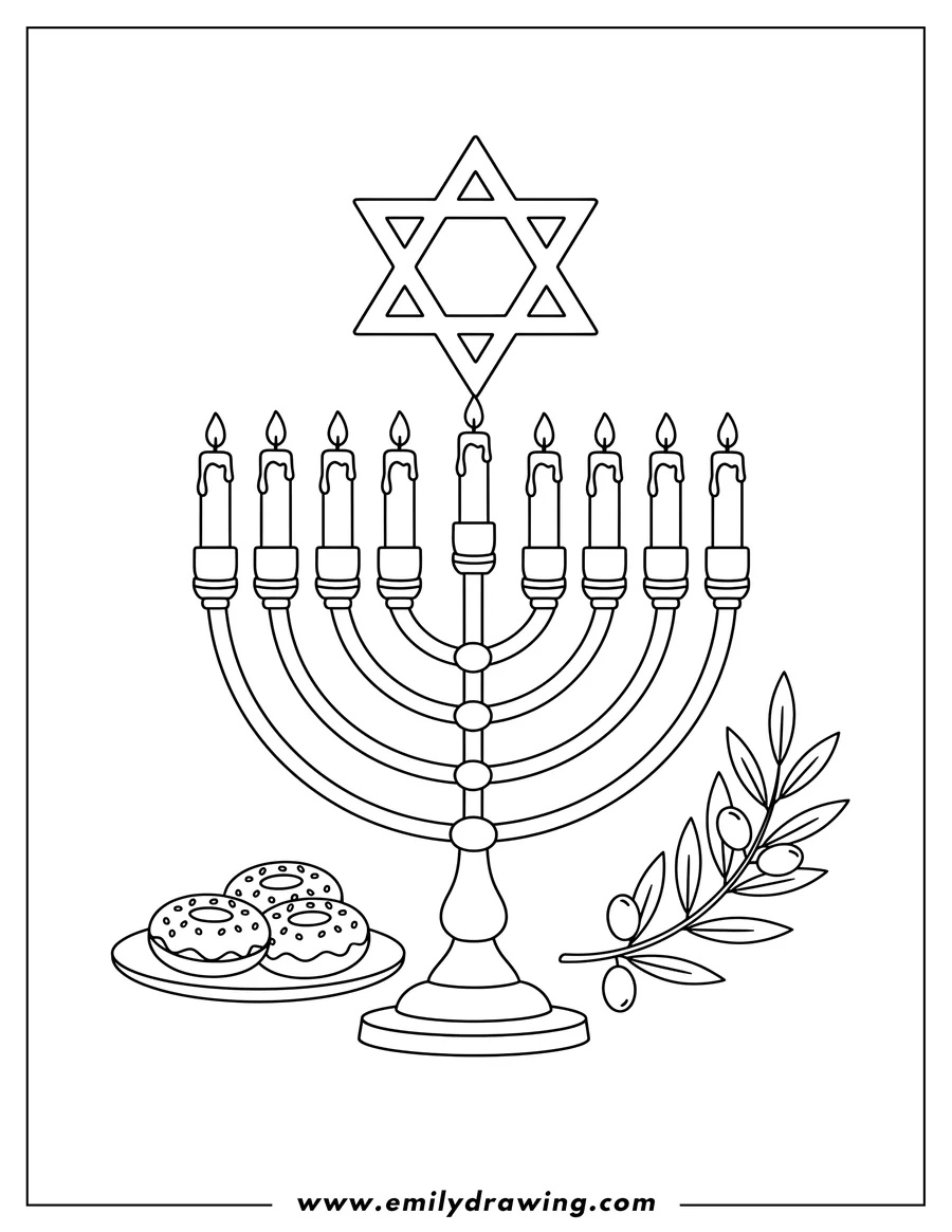 Doodle style coloring picture of simple Menorah With Hanukkah Desserts, featuring nine candles, a Star of David, two round pastries on a plate, and an olive branch