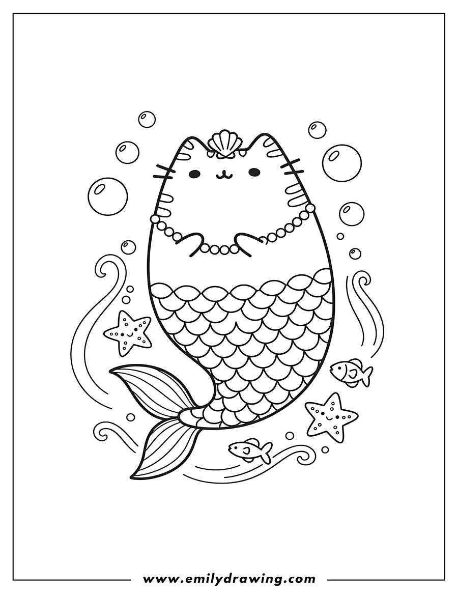 Coloring page for kids: mermaid Pusheen Scaled, cute and floating peacefully