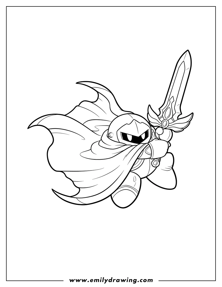 Coloring sheet featuring meta Knight holding a sword and wearing his cape