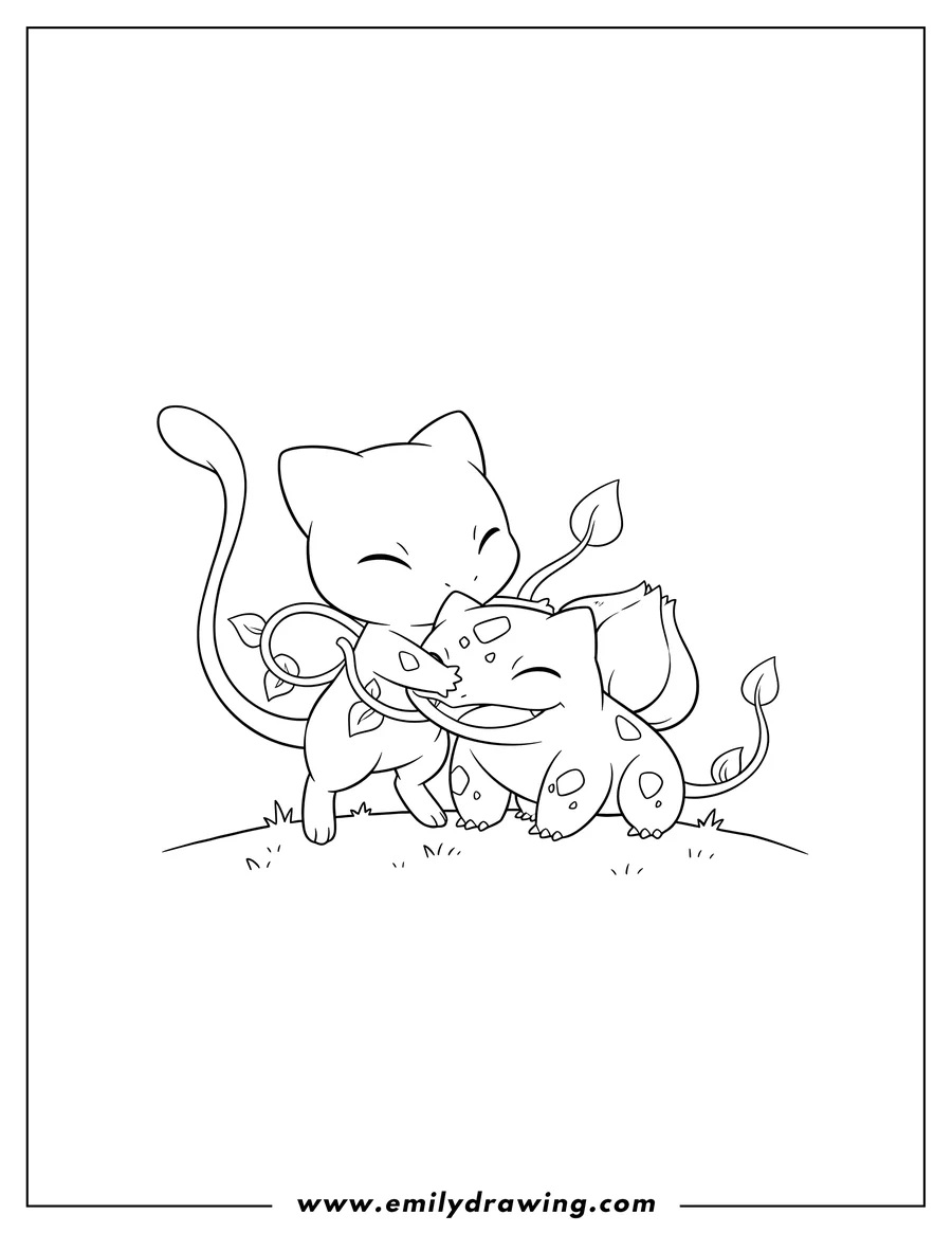 Vector style outline of mew and Bulbasaur happily hugging with closed eyes