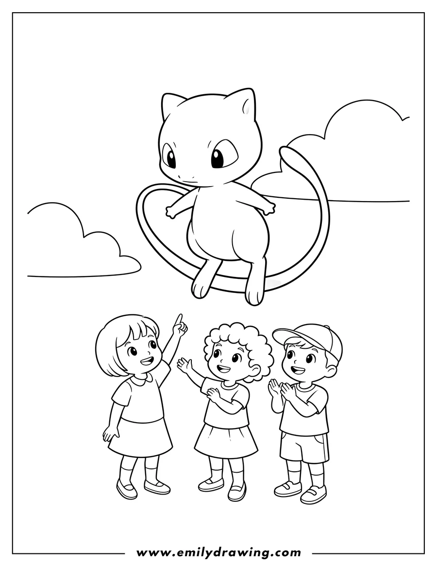 Free printable coloring sheet of simple Mew floating with its long tail, preschoolers