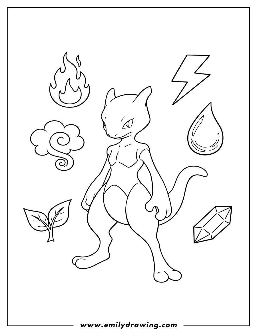 High quality printable simple Mewtwo standing with elemental symbols for coloring