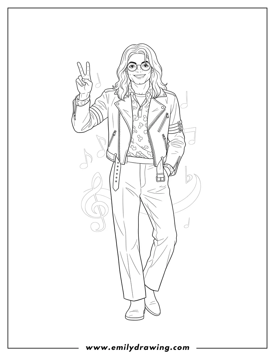 Free to print drawing of michael Jackson with straight hair, wearing glasses, smiling, and doing a peace sign