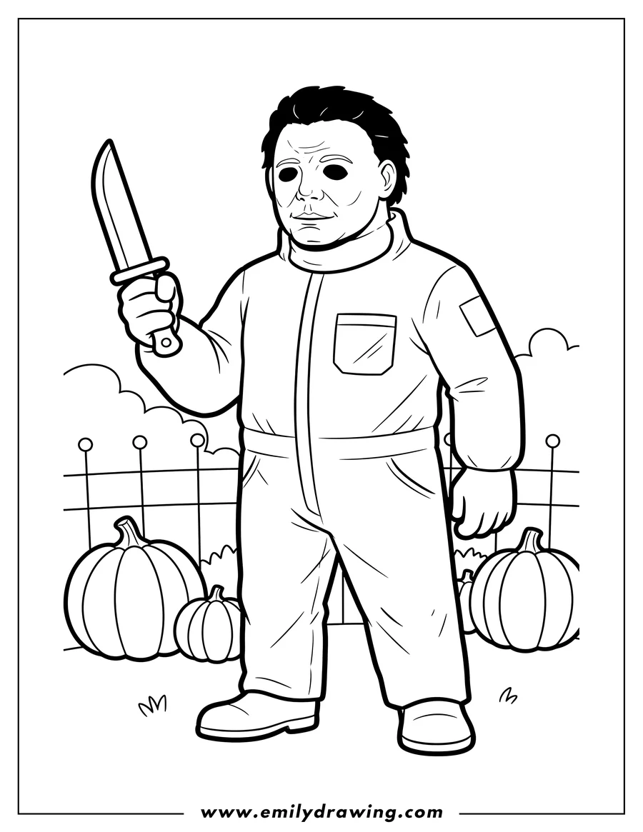 Linear illustration of michael Myers from Halloween holding a knife to color
