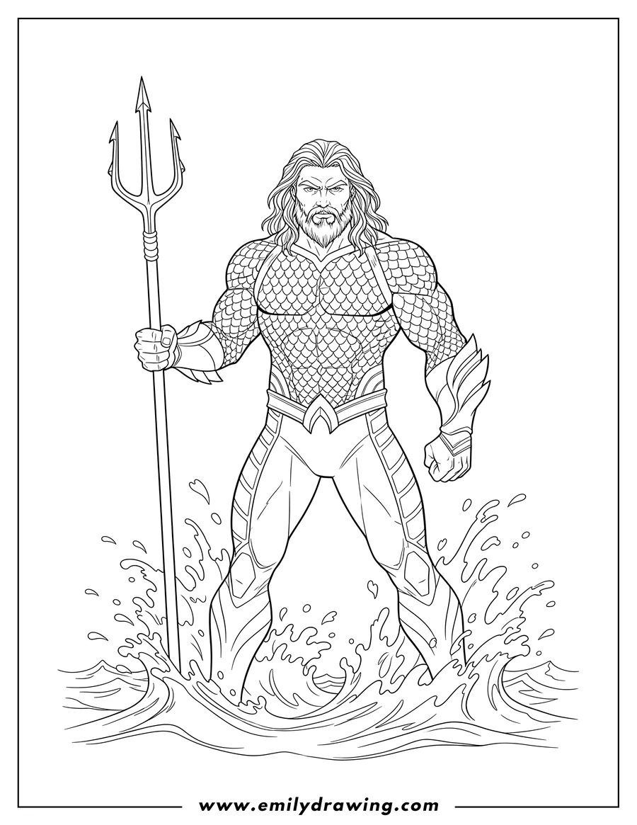 Linear illustration of mighty Aquaman holding his trident, standing in splashing water with a determined expression