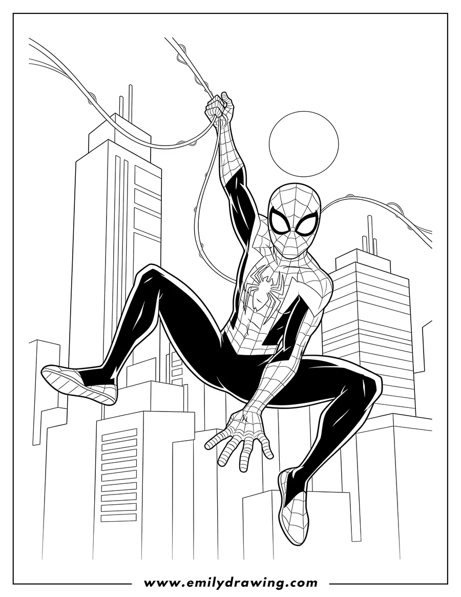 PDF style coloring page: miles Morales hanging in the city