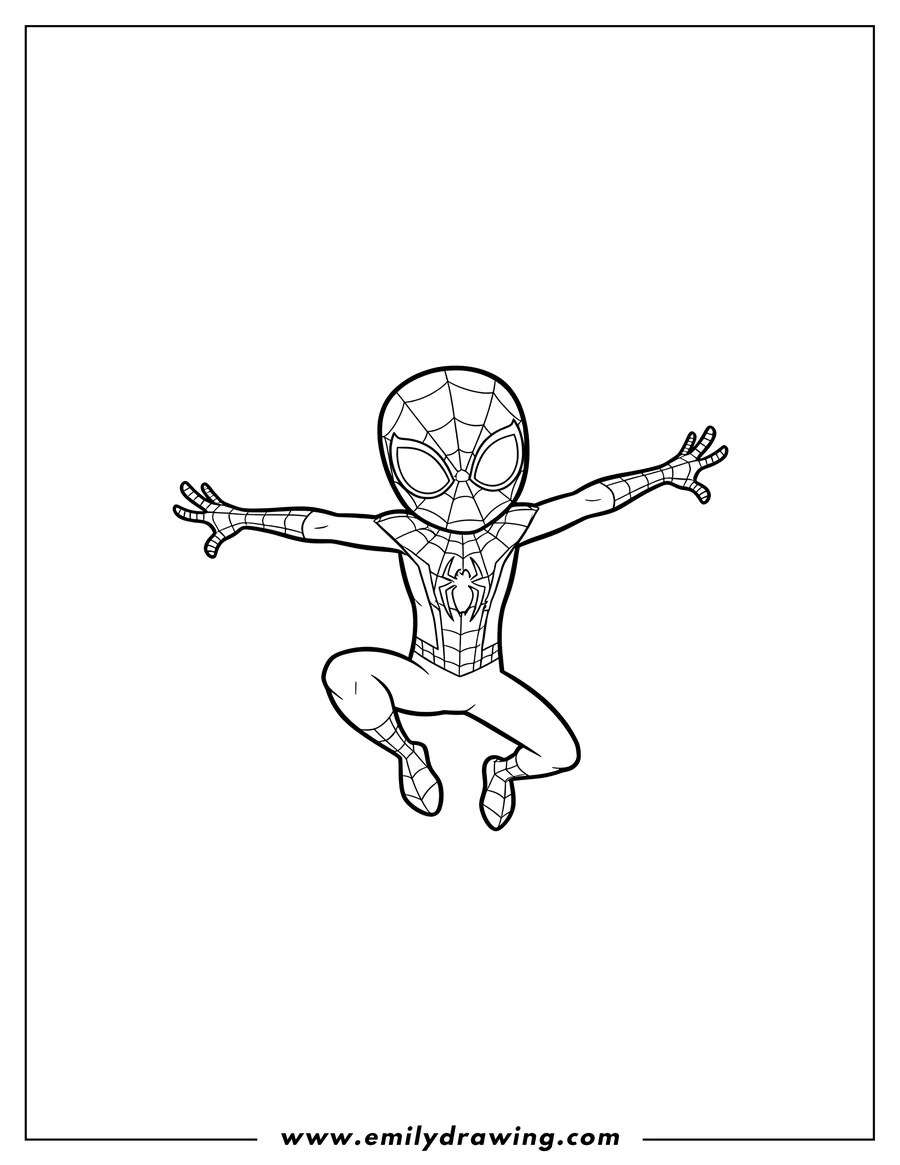 Vector style outline of simple Miles Morales Outline Preschoolers, leaping with arms outstretched