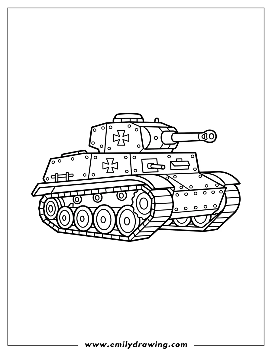 Free to print drawing of simple, boxy military tank with visible rivets and Iron Cross symbols, for preschoolers to color