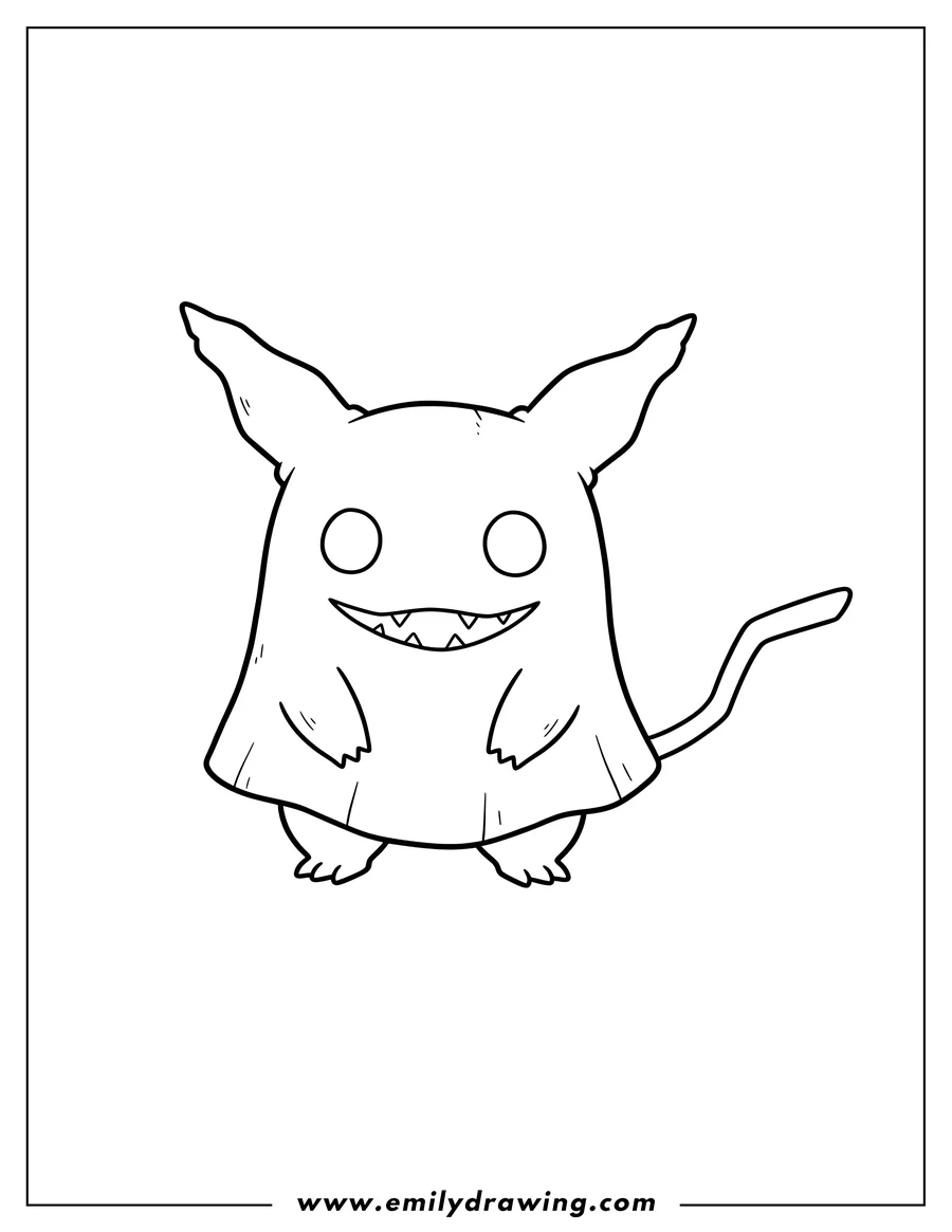 Coloring sheet featuring simple Mimikyu Outline Preschoolers, full body, facing forward, with stick tail